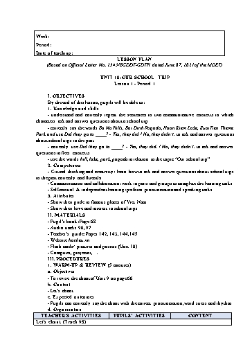 Kế hoạch bài dạy Tiếng Anh Lớp 5 Global Success theo CV2345 - Unit 10: Our school trip