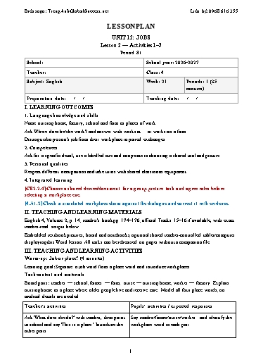 Giáo án môn Tiếng Anh Lớp 4 Global Success tích hợp năng lực số và AI - Tuần 21 - Năm học 2026-2027
