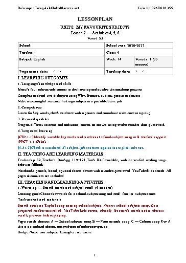 Giáo án môn Tiếng Anh Lớp 4 Global Success tích hợp năng lực số và AI - Tuần 14 - Năm học 2026-2027