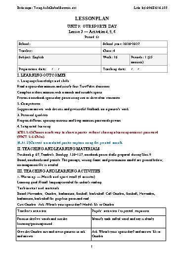 Giáo án môn Tiếng Anh Lớp 4 Global Success tích hợp năng lực số và AI - Tuần 16 - Năm học 2026-2027