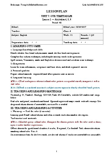 Giáo án môn Tiếng Anh Lớp 4 Global Success tích hợp năng lực số và AI - Tuần 12 - Năm học 2026-2027