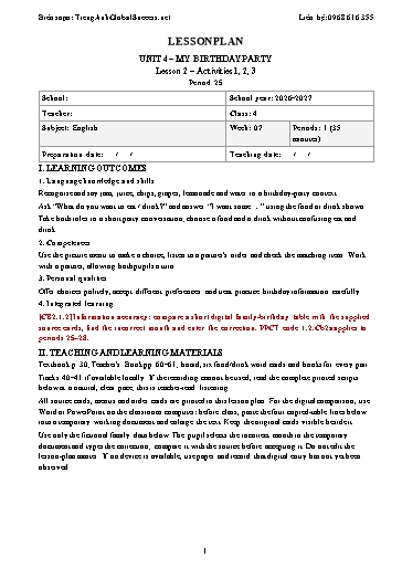 Giáo án môn Tiếng Anh Lớp 4 Global Success tích hợp năng lực số và AI - Tuần 7 - Năm học 2026-2027