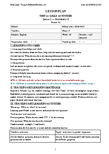Giáo án môn Tiếng Anh Lớp 4 Global Success tích hợp năng lực số và AI - Tuần 24 - Năm học 2026-2027