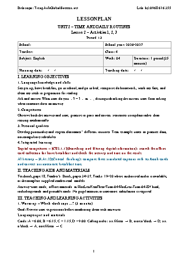 Giáo án môn Tiếng Anh Lớp 4 Global Success tích hợp năng lực số và AI - Tuần 4 - Năm học 2026-2027